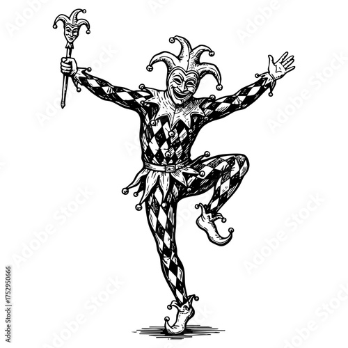 Court Jester Fool Figure Engraving Vector Illustration