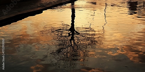 Reflection of a bare tree in rippled water at sunset