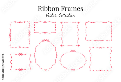 Set of doodle hand drawn trendy coquette frames with bows, ribbon and wavy lines. Vintage whimsical borders. Template for wedding invitation, birthday card, print, holiday poster.