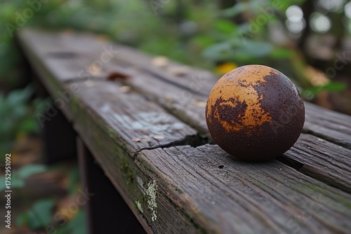 Rusty globe rests on weathered park bench
