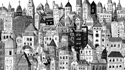 Whimsical black and white cityscape illustration