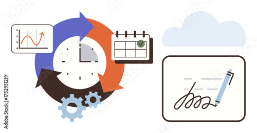 Clock with arrows, gears, chart, calendar, pen, and signature illustrate time management, productivity, workflow, data analysis deadline tracking digital operations simple flat metaphor