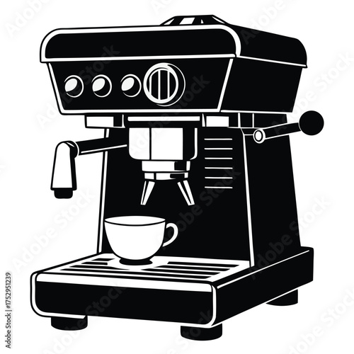 Black and white espresso machine dispenses coffee into a cup illustrated elegantly