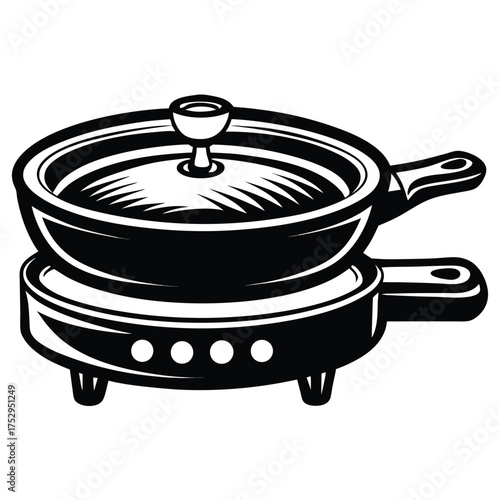 Black and white line art shows a fondue pot with a lid