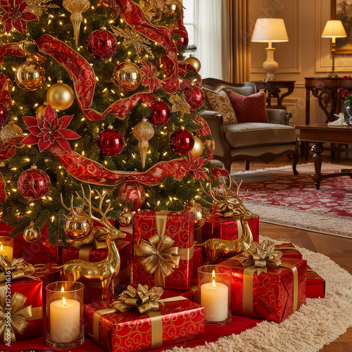 Beautiful Christmas tree with gifts and decorations in cozy living room