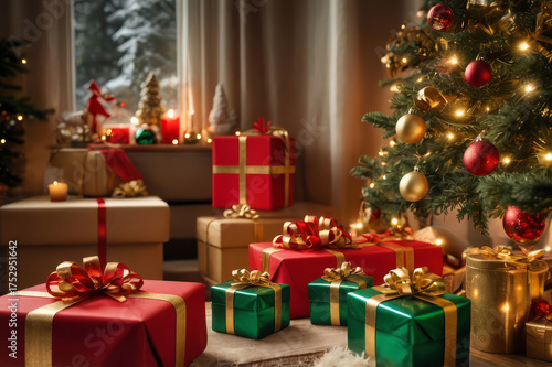 Pile of wrapped Christmas presents under decorated tree in living room