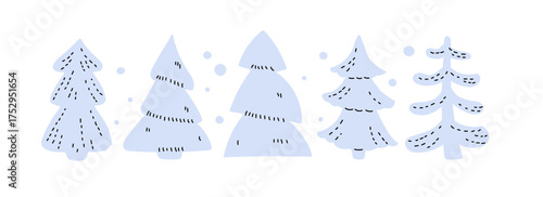 Christmas trees set. Doodle Vector illustration isolated on white background. Doodle, Merry Christmas and Happy New year simple greeting card. Icon christmas tree. Abstract plants for festive design