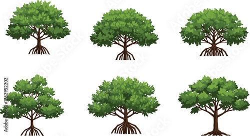 Tree illustration set, root and canopy variation, diverse foliage clipart, nature design, outdoor vegetation, forest element, eco concept, landscape artwork