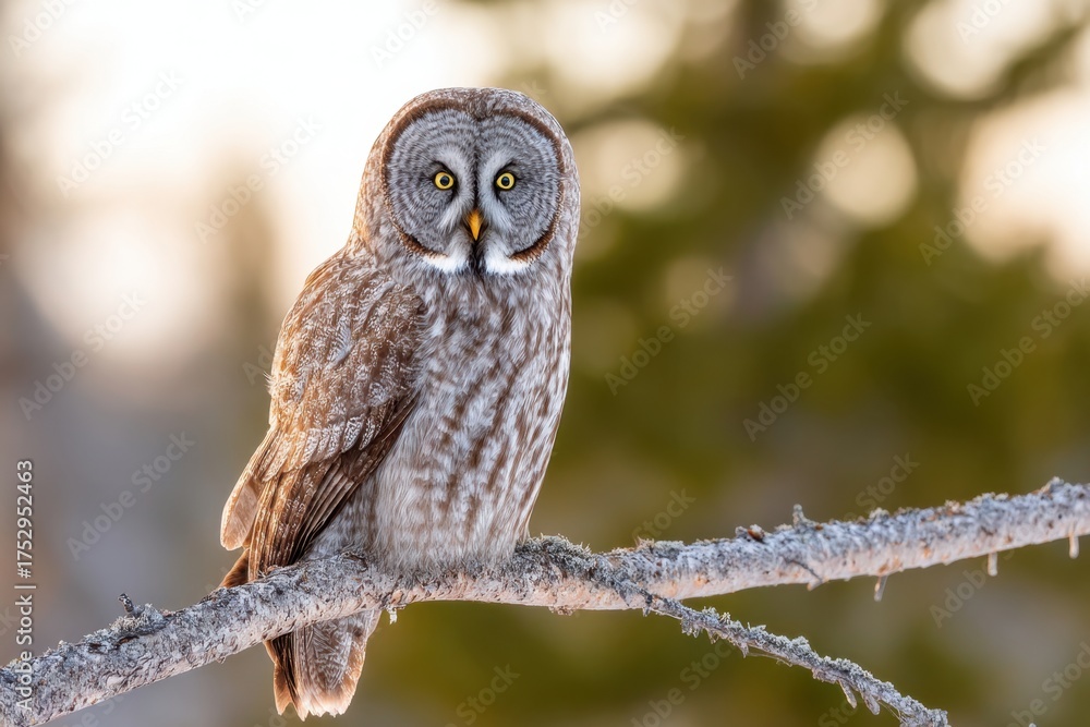 Fototapeta premium Great gray owl perched on a snowy branch