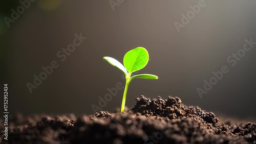 A young sprout emerges from dark soil, bathed in soft light, showcasing vibrant green leaves and new life