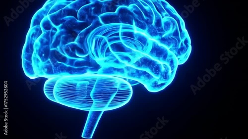 A 3D render of a human brain illuminated with a vibrant blue, detailed neural pathways