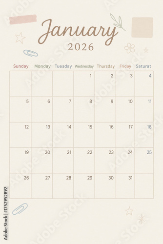 aesthetic January 2026 Calendar print with beige background 