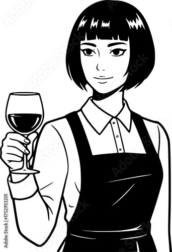 a waitress, Bob cut, wearing an apron and holding a wine glass