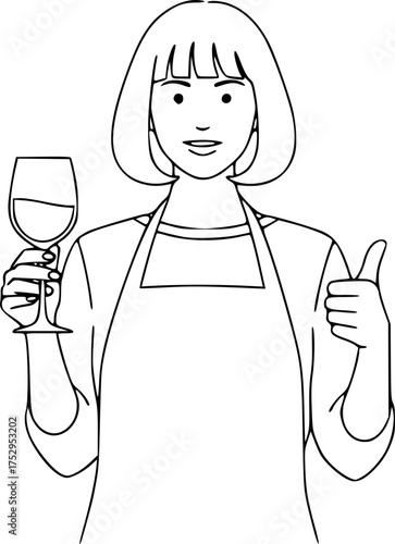 a waitress, Bob cut, wearing an apron and holding a wine glass