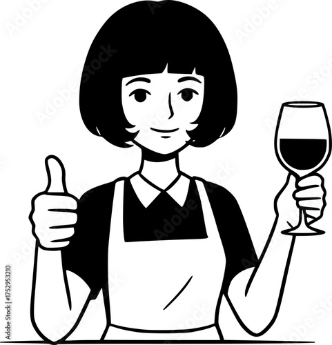 a waitress, Bob cut, wearing an apron and holding a wine glass