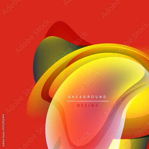 Abstract fluid shapes overlap, creating vibrant color gradients. Red background complements yellow, orange hues. Modern design element.