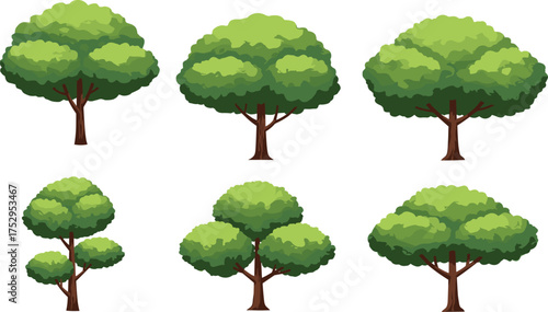 Trees, cartoon style, green foliage, nature illustration, outdoor greenery, decorative plants, landscape design, artistic drawing, vibrant forest, playful design, educational art
