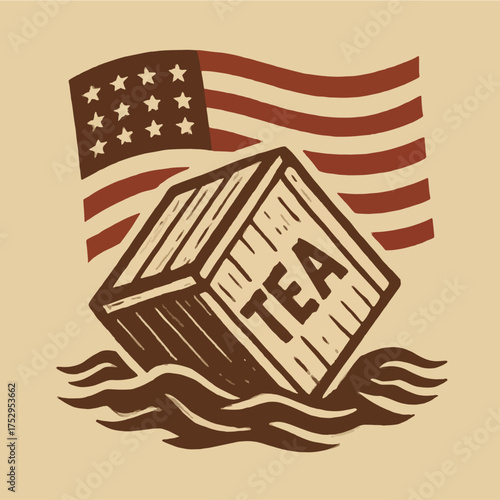 Historical illustration of tea chest in water with vintage American flag evoking Boston Tea Party, a symbol of revolution and freedom from taxation