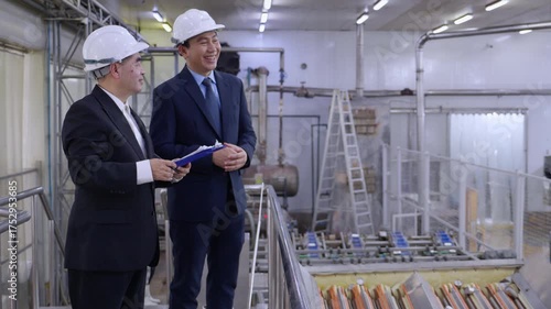 Executive manager and engineer inspecting food processing factory, businessman discussing quality control and production, team in industrial, executive checking document report for quality management.