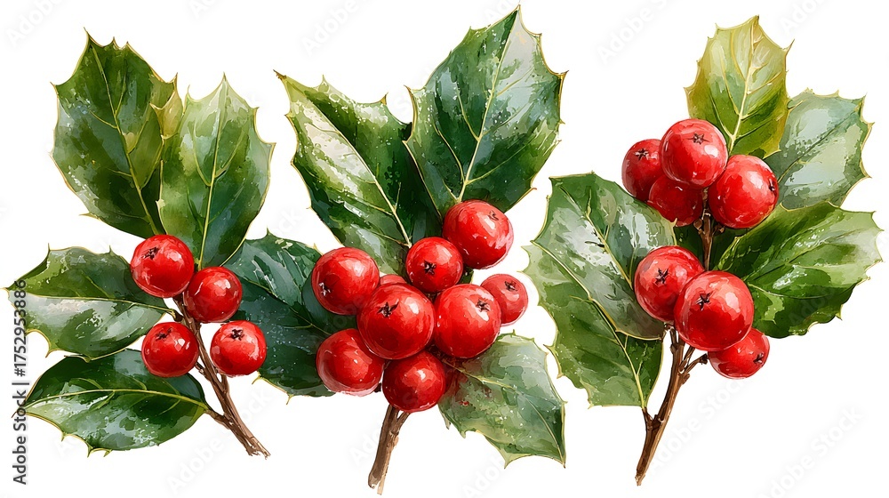 custom made wallpaper toronto digitalThree holly leaves with a cluster of red berries arranged in festive style for Christmas decor isolated on white against a transparent background