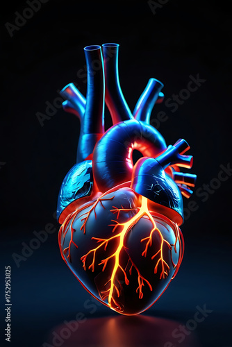 A detailed anatomical illustration of the human heart, showing its internal structure chambers, vessels, and muscle fibers