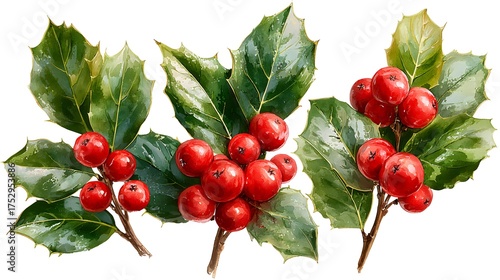 Wallpaper Mural Three holly leaves with a cluster of red berries arranged in festive style for Christmas decor isolated on white against a transparent background Torontodigital.ca
