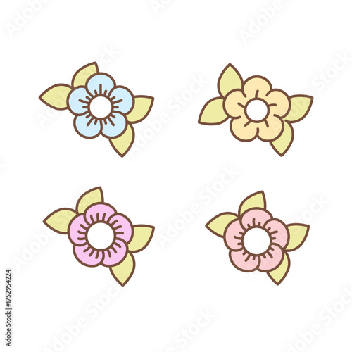 Strawberry blossom symbol. Set of 4 geometric shape. Flower bud with leaves.
