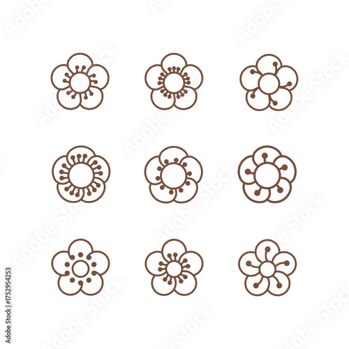 Strawberry blossom symbol. Set of 9 geometric shape. Modern linear design graphic elements.