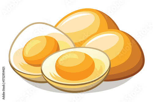 Hard boiled eggs are displayed, including sliced portions, showcasing the golden yolks