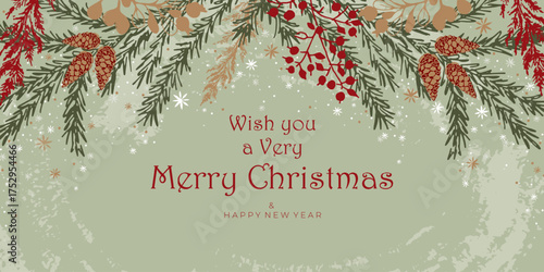 Christmas and New Year greeting banner. Natural, winter ornament with spruce branches, cones, berries, snowflakes. Green, red, gold pattern.