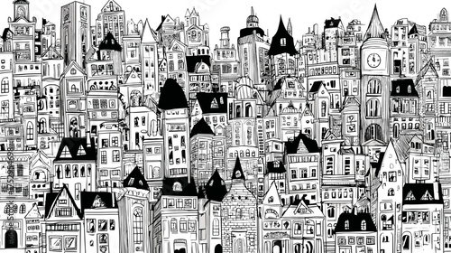 Detailed black and white cityscape illustration