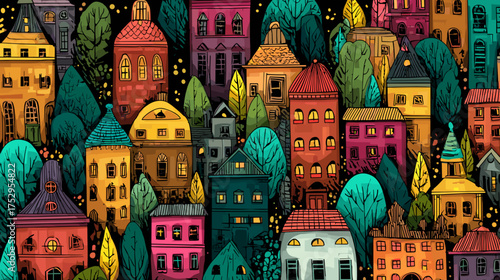 Whimsical colorful houses in a vibrant urban scene