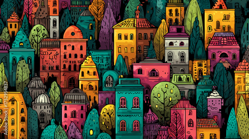 Colorful whimsical cityscape illustration