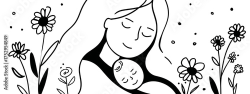 Mother and baby illustration in black and white
