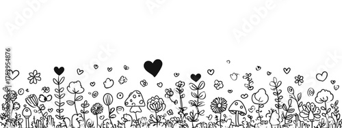 Whimsical black and white floral border illustration