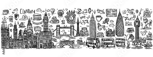 Hand-drawn illustration of iconic London landmarks