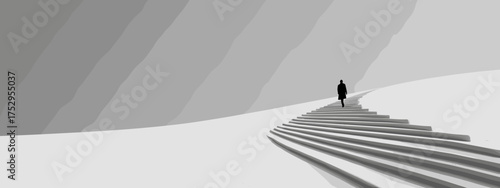 Solitary figure on a winding staircase in minimalist landscape
