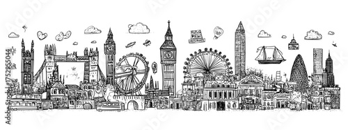 Hand-drawn illustration of London landmarks