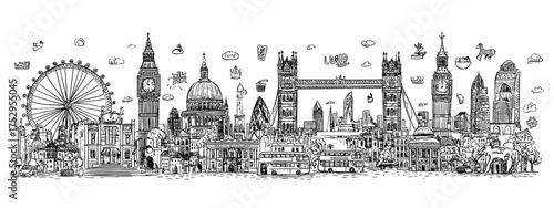 Whimsical black and white London skyline illustration