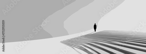 Solitary figure in a minimalist landscape