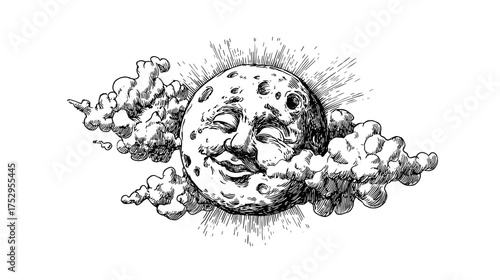  Illustration of a Detailed Moon Surrounded by Stars in a Dark Night Sky