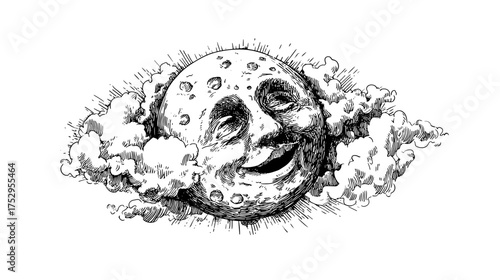  Illustration of a Detailed Moon Surrounded by Stars in a Dark Night Sky