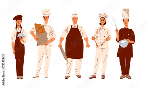 Chef set. Men and women in chef's uniforms stand tall. Chefs with different equipment. Flat vector illustration isolated on white background. Bakery and cooking professional specialists.