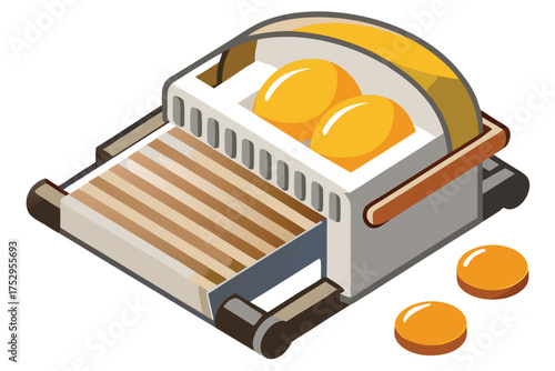 Shiny orange dough balls are processed using an automated dough flattening machine with beige base