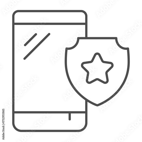 Smartphone of the year mark thin line icon, cyber monday concept. Vector graphics. Gadget and star on emblem, best choice sign on white background, outline style icon for mobile or web design.