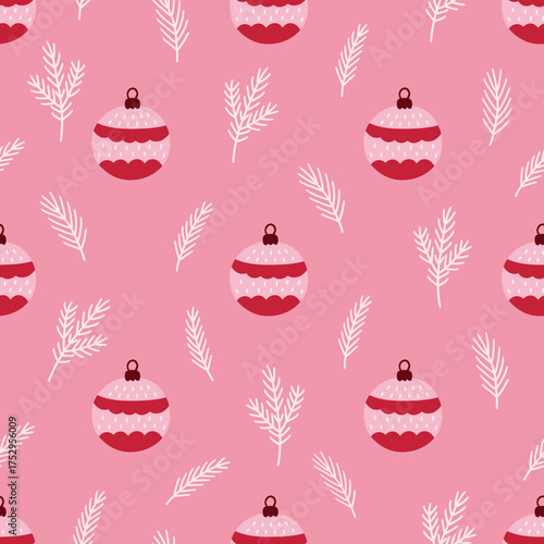 Christmas seamless pattern with balls and fir trees on pink background. Perfect for wallpaper, gift paper, greeting cards. Vector hand drawn illustration