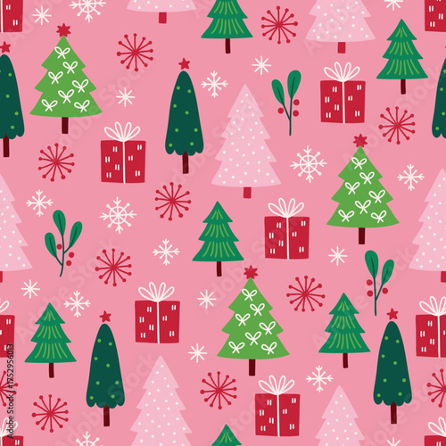 Christmas seamless pattern with fir trees, gifts, mistletoe and snowflakes on pink background. Perfect for wallpaper, gift paper, greeting cards. Vector hand drawn illustration