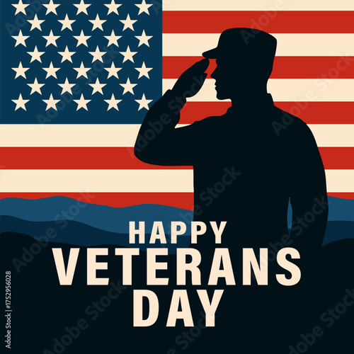 Happy Veterans Day USA banner with soldier and flag. Veterans Day, November 11 - Honoring all who served poster template. Vector illustration