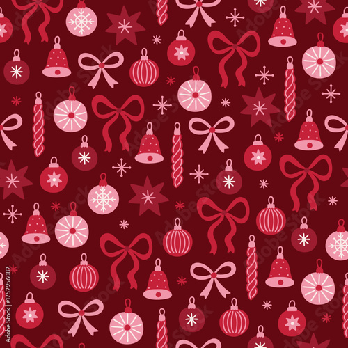 Christmas seamless pattern with bells, balls, stars, snowflakes, bows on dark red background. Perfect for wallpaper, gift paper, greeting cards. Vector hand drawn illustration