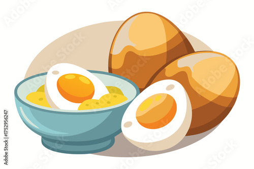 Boiled eggs sit in a blue bowl alongside two brown whole eggs depicted vividly